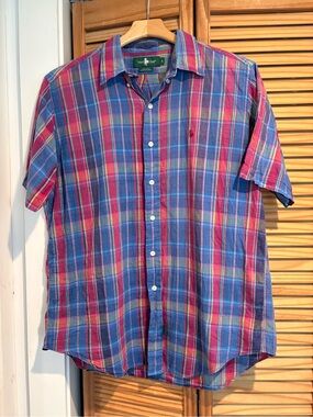 Vintage Hunt Club Plaid Shirt Large 90s Short Sleeve Button Up Cotton Relaxed